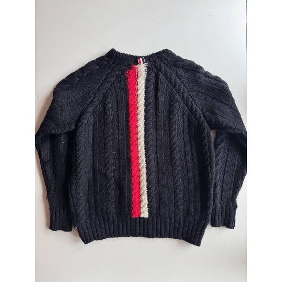 THOM BROWNE Navy Aran Merino Wool Cable Knit Crew Neck Pullover Sweater, Size 5 - Picture 8 of 16